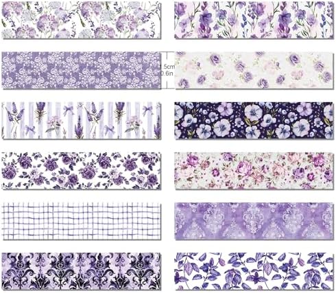 12 Rolls Purple Flower Washi Tape Set, 15 mm x 5 Meters Vintage Flower Decorative Masking Tape, Purple Rose Lavender Patterned Washi Tapes for DIY Craft, Scrapbook, Journal, Gift Wrapping
