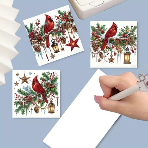 6Pcs Christmas Greeting Card DIY Diamond Art Painting Greeting Cards Blessing Folding Card Kit with White Envelopes Diamond Arts Crafts for Birthday Festival Gift-Cardinal