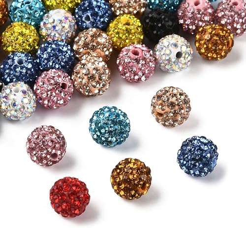 Assorted 50Pcs Disco Ball Rhinestone Polymer Clay Beads for Jewelry Making Colorful Sparkly Spacer Beads for Bracelets Necklaces Earrings Making Craft Gift