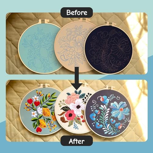 Colorful Flowers Embroidery Kit for Beginners – DIY Hand Embroidery Set with 3 Hoops, Stamped Patterns, Needles, Thread, Scissors – Floral Embroidery Kit for Adults, Teens, Women, Craft Lovers