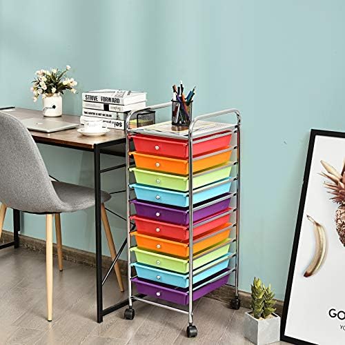 Storage Cart, Rolling Utility Cart with 10 Drawers, Portable Handles & Lockable Wheels, Mobile Paper Toys Storage Organizer Large Capacity for Home Office School Teacher (Multi-Color)
