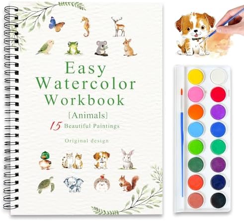 Watercolor Workbooks, 16 Colors Water Color Books Paint Set for Adults, Watercolor Coloring Book for Beginners, Water Color Workbook, 15 Beautiful Paintings for Beginners (Animals)