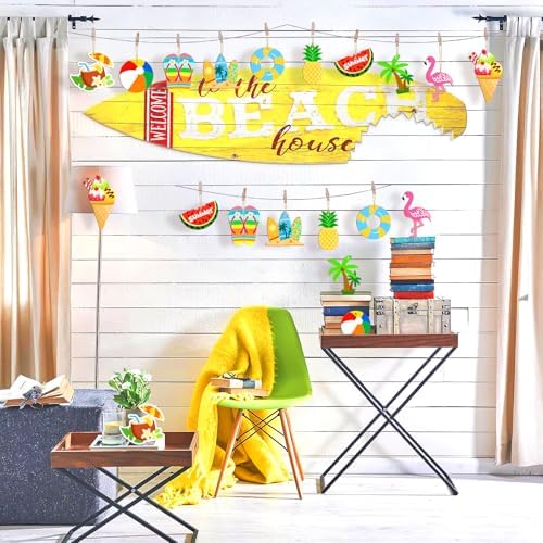 80PCS Wooden Summer Ornaments to Paint, 10 Styles DIY Blank Unfinished Wood Beach Cutouts Ornament for Crafts Hanging Decorations, Watermelon Surfboard Slippers Coconut Tree Home Decorations Gifts