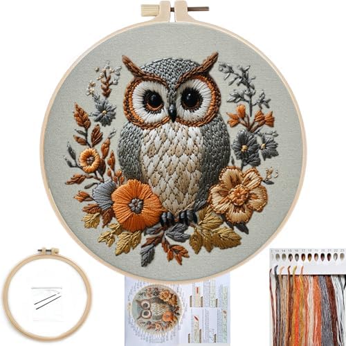 FONNUY Embroidery Kit for Beginners, Owl Flowers Pre-Stamped Pattern Kits for Adults with Hoop, Easy to Follow Color Thread Needlework, 8'' Hoop (Blue)