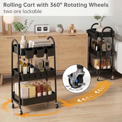 danpinera 3-Tier Rolling Cart, Utility Cart Mobile Metal Rolling Storage Cart with Lockable Wheels & Hanging Cups & Hooks for Kitchen, Bathroom, Office, Workshop, Black