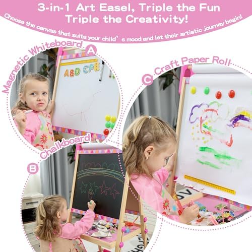 Pink 3-in-1 Wooden Kids Art Easel, Magnetic Whiteboard & Chalkboard