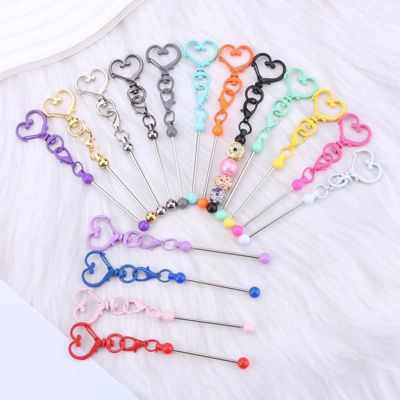 Beadable Keychain Colorful Heart/Triangle Shaped Blank Bar with Snap Hook for DIY Craft Making Kit