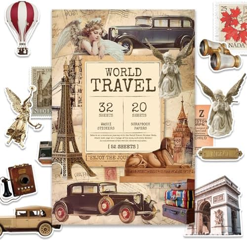52 Sheets World Travel Stickers & Scrapbook Paper Set - Vintage Travel Themed for Scrapbooking Journaling Junk Journal Planner - Retro Adventure Stickers for DIY Crafts