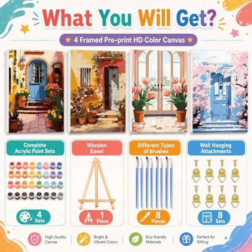 4 Pack Door Paint by Numbers Kit for Adults Framed with Easel 8x12 in