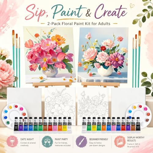 QUANWAISJ Sip and Paint Kit for Adults, Pre Drawn Canvas for Painting for Adults, 2 Pack Canvas Painting Kit, Paint Party Kit, Date Night Activities for Couples (Flower Vase)