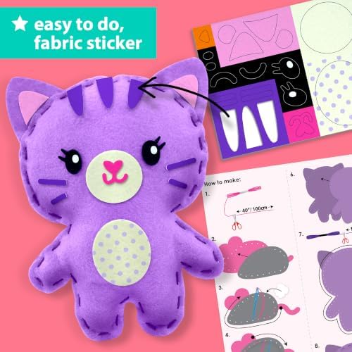 KRAFUN Beginner Sewing Kit, Sew Kitten & Mouse, Pre-Cut Felt, Kids Ages 5+