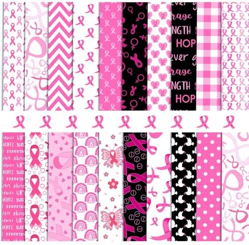 HunnmingRe 20 Pcs 10''x10'' Pink Ribbons Quilting Fabric Square Breast Cancer Awareness Precuts Quilted Fabric Bundle Polka Dot Plaid Printed Sewing Material for Holiday Patchwork DIY Craft Supplies
