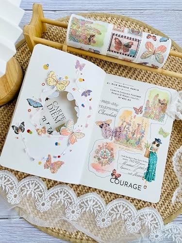 WT Stamped Wings Washi Tape Sticker Set – 3 Rolls Decorative Butterfly & Wing Washi Sticker Tape, Vintage Adhesive Tape for Journaling, Scrapbooking, Planner, DIY Crafts & Wrapping (40mm, 50mm, 60mm)