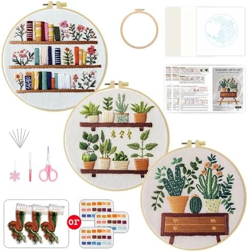 ZuoAnLF 3 Set Embroidery Starter Kit Printed Cross Stitch Kit with Plant Shelf Patterns for Adults, Home Decor and Gifts
