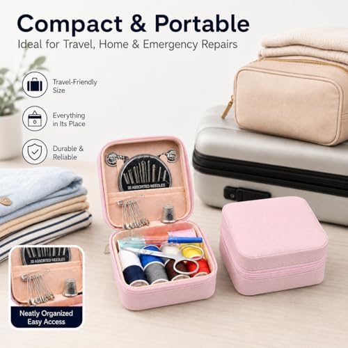 56 Pcs Portable Sewing Kit, Needle and Thread Kit with PU Leather Case, Basic Sewing Kit and Hand Seeing Kit with Scissors, Seam Ripper, Safety Pins for Travel Home Repairs(Pink)