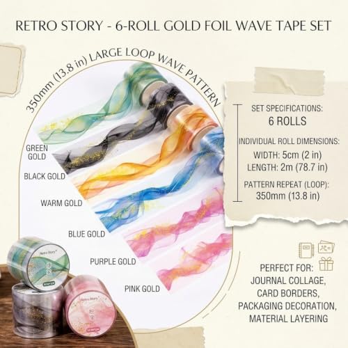 6 Rolls Gold Junk Journal Tape, Glitter Transparent Washi Tape Stickers
