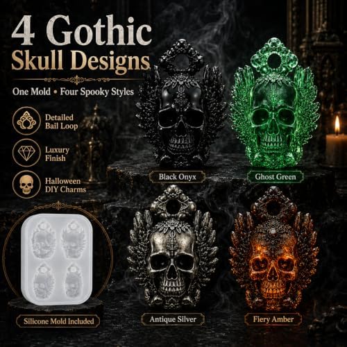 4 Cavity Winged Embossed Skull Pendant Silicone Mold with Hanging Hole, Gothic Epoxy Resin Casting Mould for DIY Necklace Charm Halloween Christmas Jewelry Making (KL03)