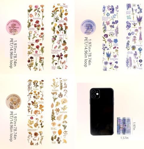 PET Tape Stickers for Journaling Supplies,Flowers Stickers for Scrapbooking