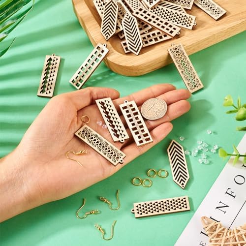 Elecrelive 30Pcs Rectangle Wooden Earring Charms Wood Filigree Charms