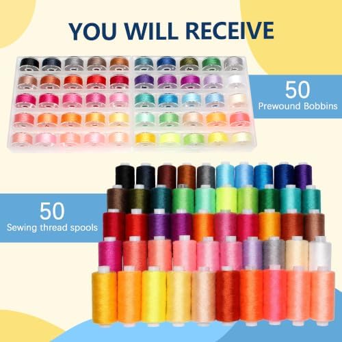 Sewing Machine Hand Thread Kit, 50 Bobbins + 50 Thread Spools