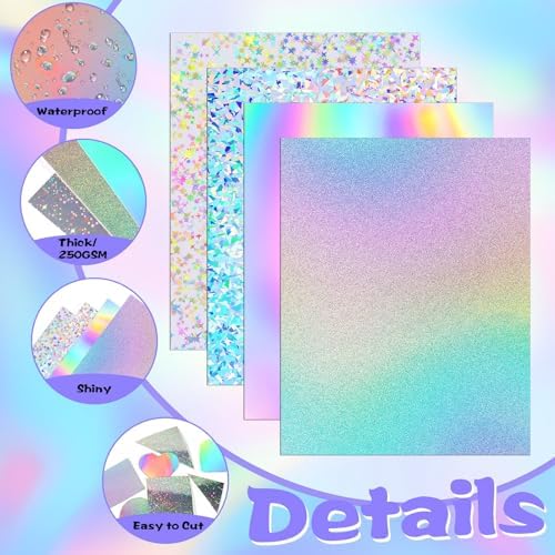 24 Sheets Holographic Cardstock 8.5 x 11 In, 250Gsm, 4 Designs