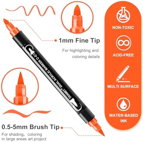 TANMIT 48 Colors Dual Tip Acrylic Paint Markers, Paint Pens Set with Brush Tip and Fine Tip For Fabric, Rock, Wood, Glass, Eggs, Scrapbook, DIY Crafts Making Art Supplies - Teacher Appreciation Gift