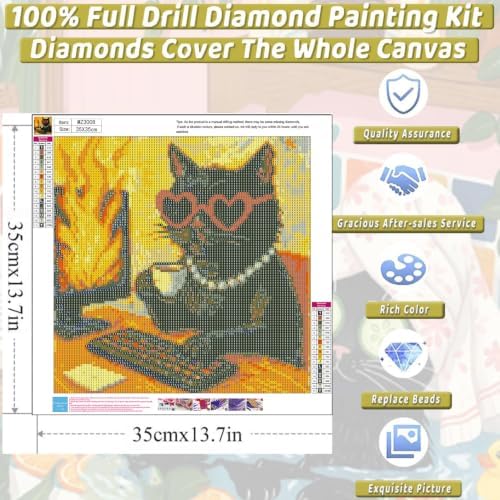 WNPOKN Cat Diamond Art Kits for Adults 14 x 14inch