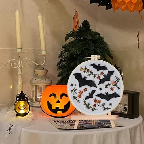 Floral Witch Hat Embroidery Kit Halloween Cross Stitch Material Set with Bat Skull Flower Pumpkin Patterns, DIY Hand Needlepoint Embroidery Craft Kit for Beginners Professional (Floral Bats)