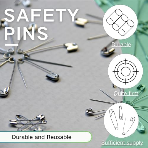 350 Pack Silver Safety Pins for Clothes 5 Assorted Sizes Strong Heavy Duty