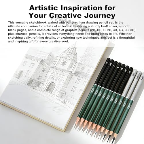 Sketchbook and Pencil Set - Spiral Bound Hardcover with 60 Sheets & 12 Charcoal Pencils (Hard/Medium/Soft) for Professional Artists and Beginners