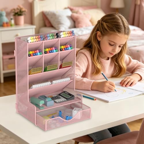BOHDK Pen Organizer for Desk, Multi-Functional Desk Organizer, Wall Mount Pen Holder with Drawer for School, Office, Home, Art Supplies, Pink