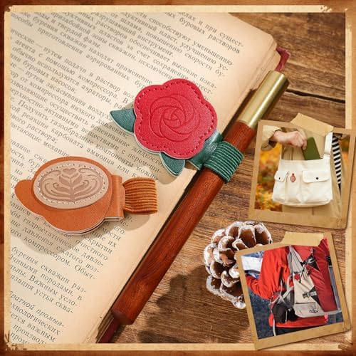 2PCS Vintage Magnetic Leather Bookmark, Leather Magnetic Bookmarks for Women,Unique Book Marks Gifts for Book Lovers， Magnetic PU Bookmarks Clip Book Accessories for Adults & Kids，Roses & Coffee