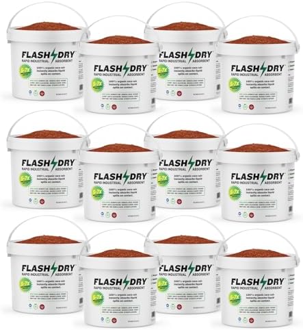 FlashDry Super Spill Absorbent, 5L Bucket with Dispenser Lid, 100% Organic Coco Coir, Landfill Safe, OSHA Approved, Ideal for Absorbing Oil, Paint, Grease in Garages Kitchens Janitor Kits, Pack of 12