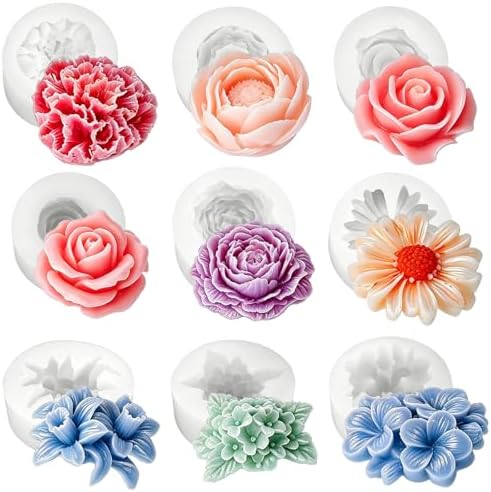 9 Pcs Flower Molds Silicone Candle Molds for Candle Making, Daisy Peony Rose Carnation Hydrangea Plumeria Daffodil 3D Soap Mold for Soy Wax, Beeswax, Soap Making, Resin Craft