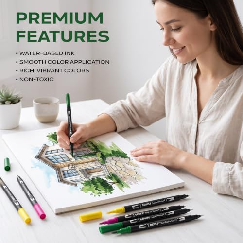 100 Watercolor Markers Set | Water Color Pens with Brush & Fineliner, Water-Based Art Markers | Dual Tip Markers for Adult Coloring, Lettering, Calligraphy, Sketching, Journaling & Illustration