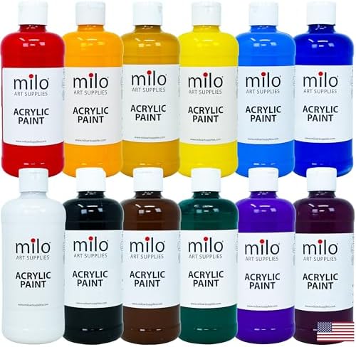 milo Acrylic Paint Set, 12 Primary Colors, 16 oz Bottles, Semi-Gloss