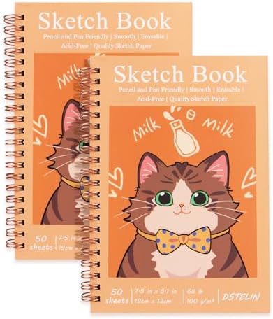 DSTELIN 2 Pack Spiral Bound Sketchbooks (100 GSM Sketch Paper), 50 Sheets per Pack, 7.5" x 5.1" Sketchbook with Yellow Hard Cover for Painting, Drawing and Sketching