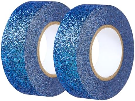 Blue Glitter Washi Tape 2 Rolls, Sparkle Decorative Tape for DIY Crafts Scrapbooking Journaling, Sticky Colored Masking Tape for Art, Wall Decor Gift Wrapping (0.6in x 11Yard)