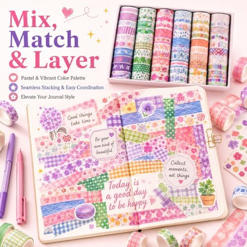 60 Rolls Colorful Washi Tape Set, 0.59 in x 6.56 ft Decorative Paper Tape with Assorted Patterns for Journaling, Scrapbooking, Planners, DIY Crafts and Gift Wrapping