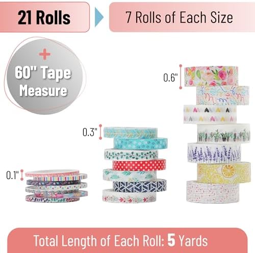 Mr. Pen- Washi Tape Set, 21 Rolls, Assorted Sizes, Floral | 5 Yards/Roll, Washi Tape for Scrapbook, Arts, Crafts, Journals and Planners