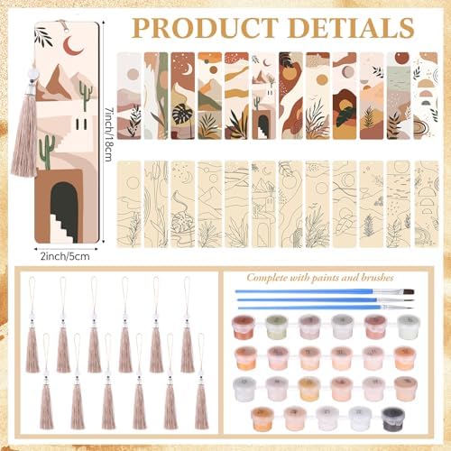 Kosiz 12 Pcs Boho Paint by Number Kit for Adult Wood Bookmark | Mini Paint by Numbers Kit, Painting Decor, Tassels Blank Bookmarks, for Small DIY Craft Book Lovers Gift 7x2 ''