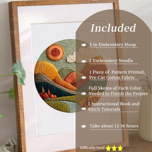 FONNUY Embroidery Kit for Beginners, Textured Vibrant Nature Landscape Pre-Stamped Pattern Kits for Adults with Hoop, Easy to Follow Color Thread Needlework, 8'' Hoop (Red 1)