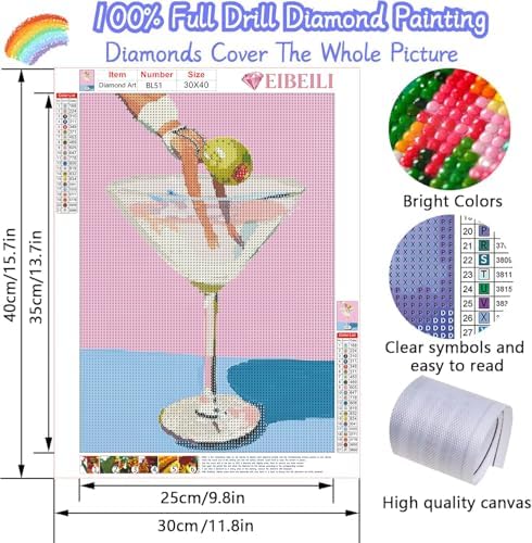EIBEILI Diamond Art Kits for Adults, Cocktail Diamond Painting Kits for Beginner DIY 5D Full Pink Drill Diamond Dots Crafts for Home Wall Decor Gifts 12x16 Inch
