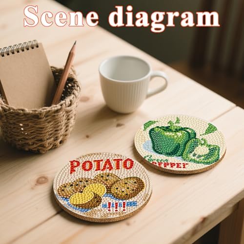 DOTSOPS 6 Pcs Vegetable Diamond Painting Coasters with Holder for Beginners