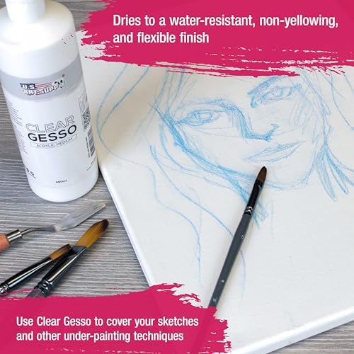 U.S. Art Supply Clear Gesso Primer (16oz) for Oil & Acrylic Painting | Enhances Blending & Canvas Paint Prep - Mixable Clear Gesso Primer for Acrylic Painting