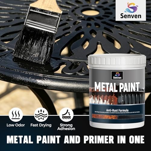SENVEN Metal Paint, Waterpoof & Anti Rust, Direct to Metal Surface, 35oz, Black, Protective Black Paint for Metal, Gate, Mailbox, Fence, Doors, Craft, Railing and More, Interior/Exterior (with Tools)