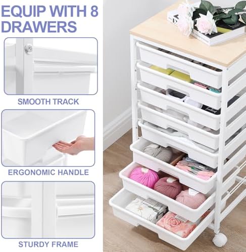 SYKIARIOL Rolling Storage Cart with Drawers, 8 Drawers Utility Cart,White | Rolling Drawer Cart with Wooden Tabletop,Storage Drawer Cart for Living Room,Classroom,Bedroom,Dorm,Office