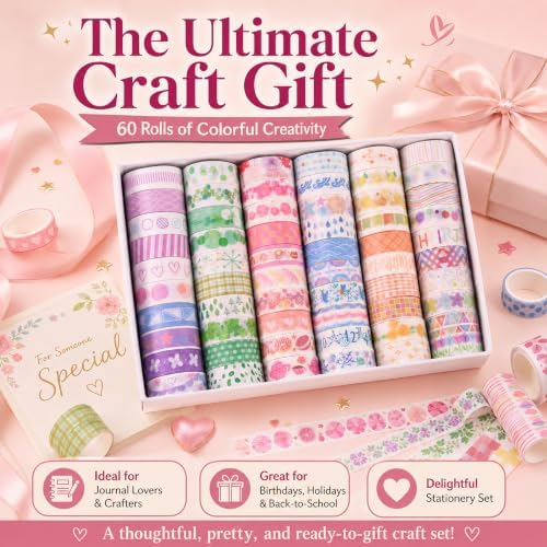 60 Rolls Colorful Washi Tape Set, 0.59 in x 6.56 ft Decorative Paper Tape with Assorted Patterns for Journaling, Scrapbooking, Planners, DIY Crafts and Gift Wrapping