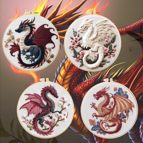 FREEBLOSS 4 Sets 11.6" Embroidery Kit for Beginners Dragon Stamped Patterns