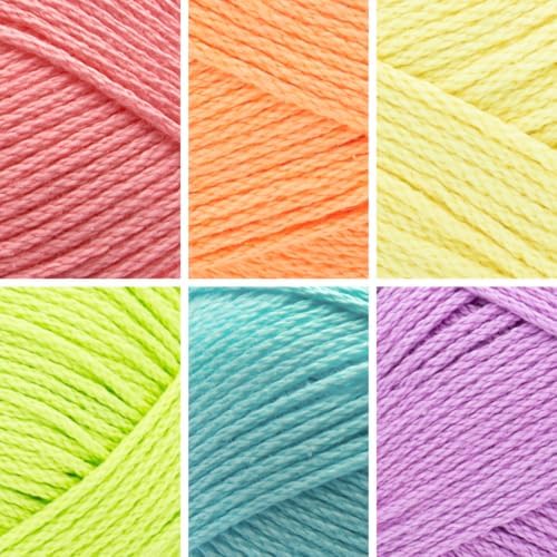 Lion Brand Yarn, 24/7 Cotton Mercerized Lightweight Yarn for Knitting, Crochet, and Crafts, Candy Coated, 6 Pack, Multicolor Pack of Natural Fiber for Breathable Tops, Durable Bags, and Dish Cloths